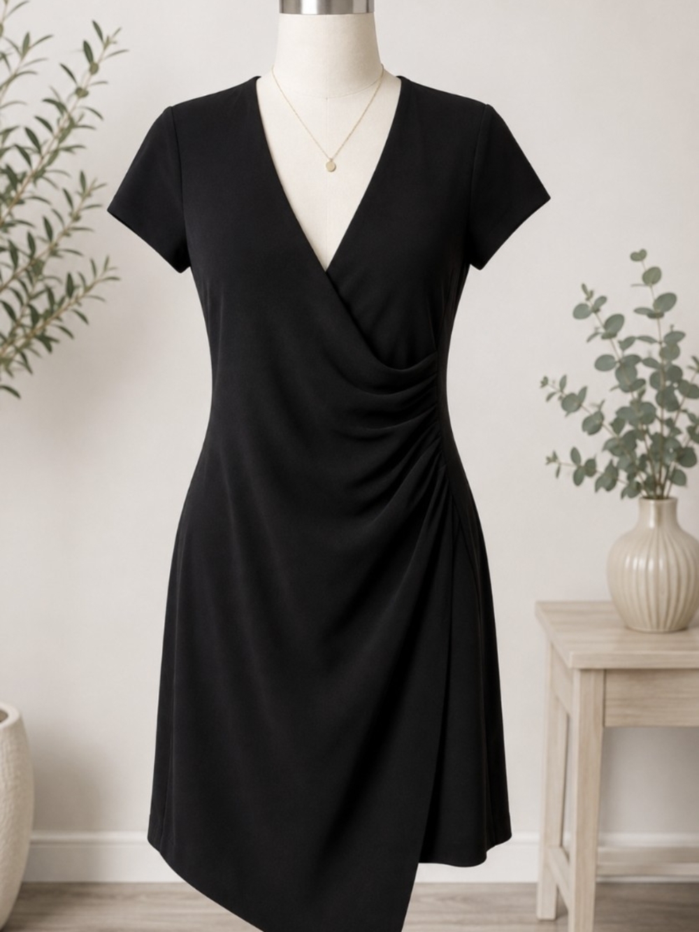 Bisou Bisou Black Faux-Wrap Short Sleeve Mini Dress